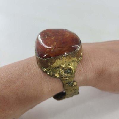 Middle Eastern Hand Crafted Gold Tone Carnelian Cuff Bracelet
