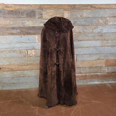 Vintage Brown Leather Suede Curly Mongolian Lamb Fur Lined Lidded Cloak
