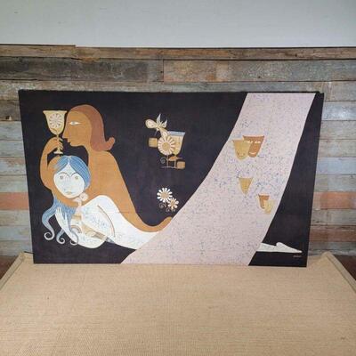 Very Large Mid Century MCM Batik Fabric Art - Boddhi Sri Lanka
