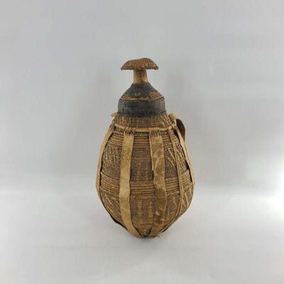 African Lidded Clay Lined Basket Water Vessel
