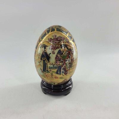 Japanese Satsuma Style Egg on Wood Base
