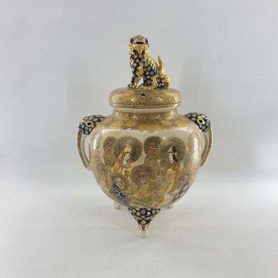 Antique Japanese Satsuma Warrior 19" Potpourri Jar with Foo Dog Lid
