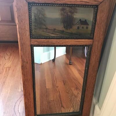 oak mirror with painting on tin $79