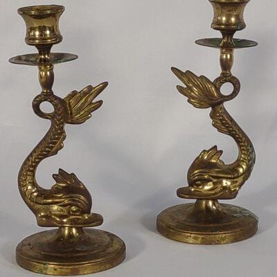 Pair of Brass Dolphin Candlesticks