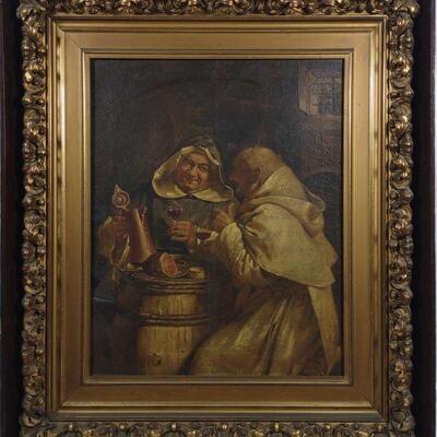 Antique Framed Oil Painting Monks Drinking Wine