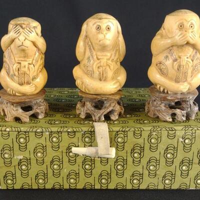 Three Wise Monkeys Carved Bone Set w/ Box