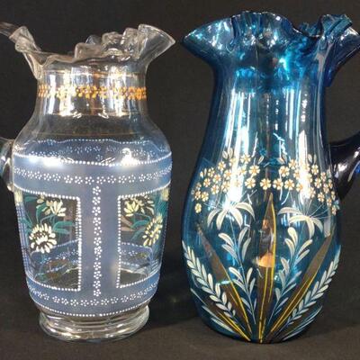 2 Hand Blown & Painted Ruffled Water Pitchers