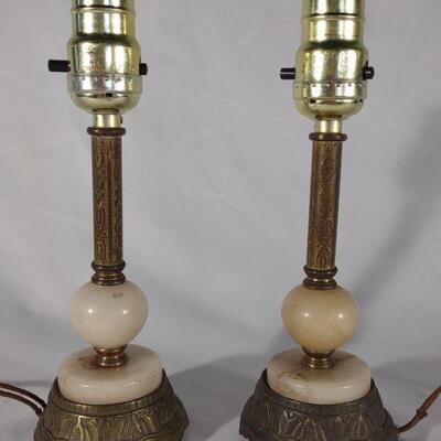 Pair of Antique Brass Etched Alabaster Lamps