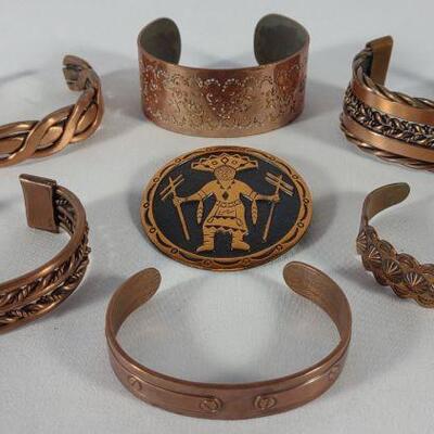7 pc Copper Cuff Bracelets & Brooch