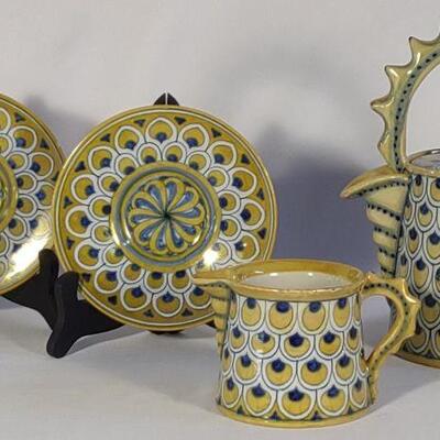 4 pc Cantagalli Peacock Luster Pottery Set