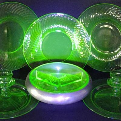 8 pc Uranium Glass Plates, Candy & Candlesticks
