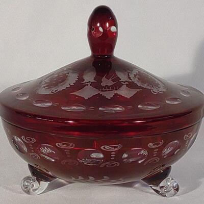 Bohemian Ruby Red Etched Glass Candy Dish w/ Lid