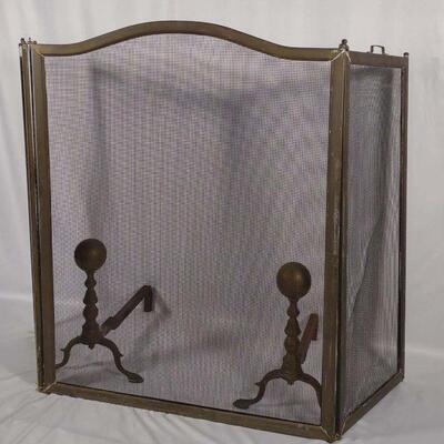 Antique Brass Fireplace Andirons & Screen
