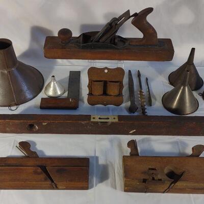 Old Wood Plane, Level, Funnels & Tools