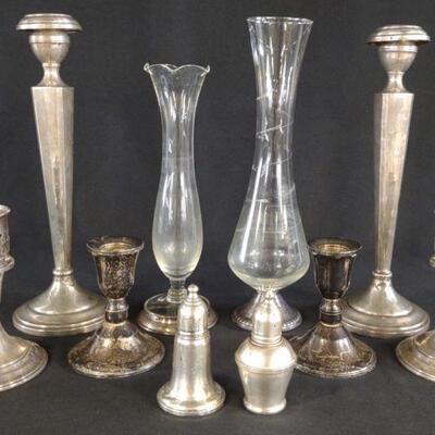 10 pc Sterling Weighted Candlesticks & Vases
