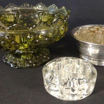 Glass Flower Frogs & Fenton Candle Bowl