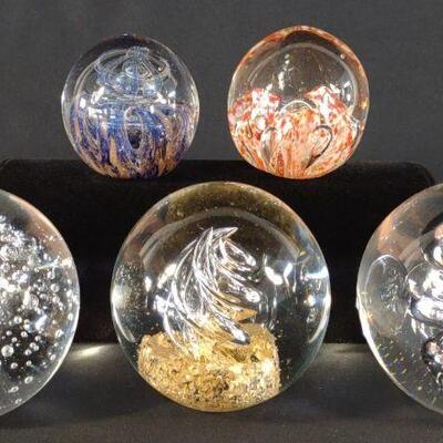 5 Blown Glass Spherical Art Paperweights