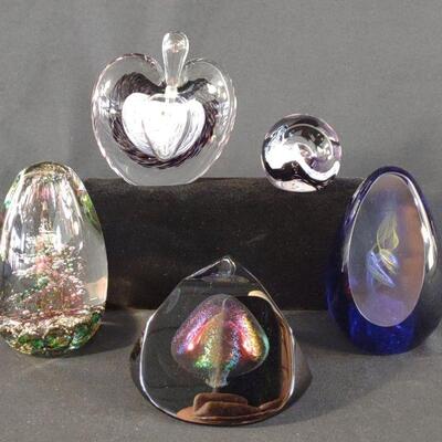 5 Signed Glass Art Paperweights