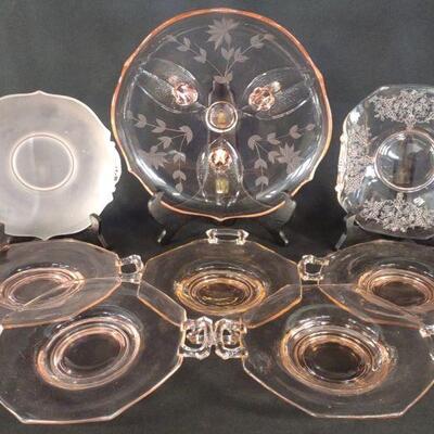 8 Lancaster Pink Depression Glass Plates & Trays