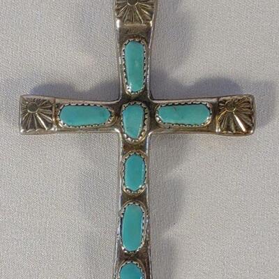 H. Iule Zuni Turquoise & Sterling Cross Pendant