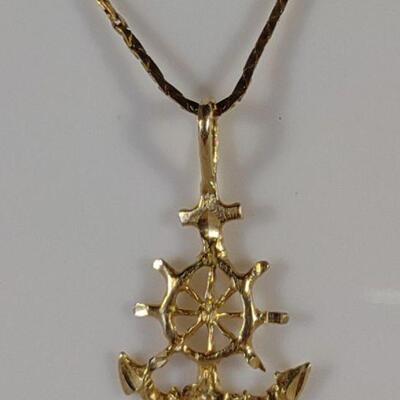 14K Gold Ships Wheel / Anchor Pendant & Necklace