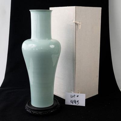 Lot 495 Chinese Middle Kingdom Porcelain Celadon Green Bo Jia Vase with Brown coloring inside.  measuring 21.5