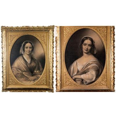 Lot 162 A Pair of Circa 1950 Charcoal Portraits in Original Oval Center Gold Gilt Frame of Fairbanks Women. 