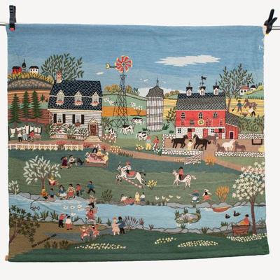 Vintage Tapestryhttps://www.liveauctioneers.com/item/130746472_1982-figurative-tapestry-of-a-farm-scene-by-rita-schroeder