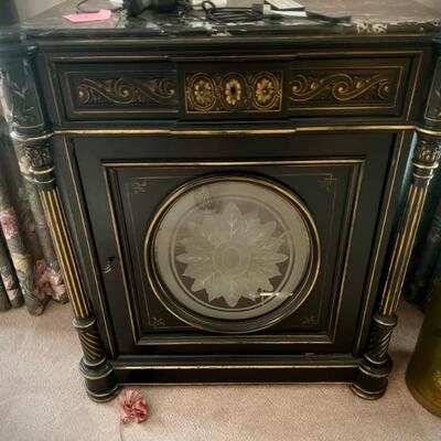Black end table with drawer and cabinet and marble top