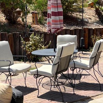 Vintage Wrough Iron Patio Dining Set wit Umbrella and 4 Chairs  Table 41