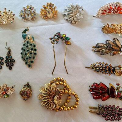 Collection of Peacock costume pins, bracelets, hair clips, etc.