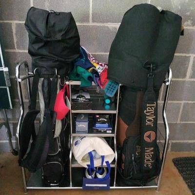 Golf clubs, bags, storage shelf