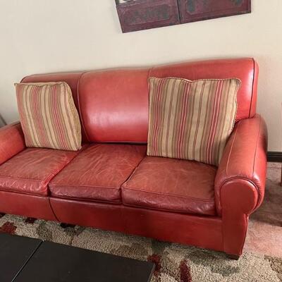 ITEM IS AVAILABLE FOR PURCHASE NOW.  TEXT 760-668-0554 TO PURCHASE.  WE ACCEPT ZELLE ONLY 
Mitchell Gold Red Leather Sofa/Sleeper.  $200