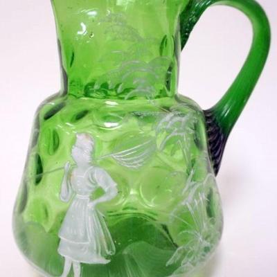 1193	ANTIQUE MARY GREGORY GREEN ENAMELED PITCHER, SCENE OF GIRL WITH BUTTERFLY NET, APPROXIMATELY 9 IN HIGH
