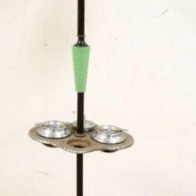 1301	ART DECO FLOOR LAMP W/SMOKING ACCESSORIES ON CENTER SHELF HAVING A GREEN CASED GLASS SHADE, ONE PIECE ON SHELF IS MISSING,...