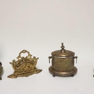 1058	GROUP OF BRASS ITEMS INCLUDING 2 ORNATE ANTIQUE CANDLESTICKS, OVAL HINGED DOUBLE HANDLED FOOTED BOX & VICTORIAN STYLE LETTER HOLDER
