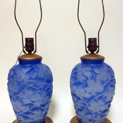 1088	PAIR OF CONSOLIDATED BLUE DOGWOOD LAMPS, APPROXIMATELY 23 IN HIGH

