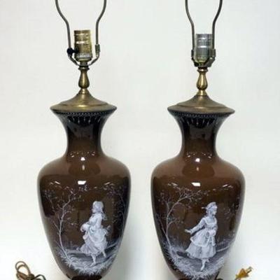 1190	PAIR OF ANTIQUE MARY GREGORY ENAMELED CHOCOLATE GLASS TABLE LAMPS, APPROXIMATELY 32 IN HIGH
