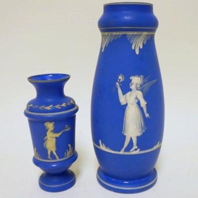 1256	2 MARY GREGORY ENAMELED VASES IN BLUE GLASS, JASPER FINISH, LARGEST IS APPROXIATELY 10 1/4 IN
