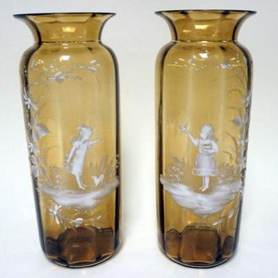 1196	PAIR OF ANTIQUE MARY GREGORY ENAMELED AMBER VASES, APPROXIMATELY 13 IN HIGH
