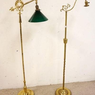 1302	2 FANCY BRASS FLOOR LAMPS, ONE W/GREEN CASED GLASS SHADE, APPROXIMATELY 59 IN HIGH
