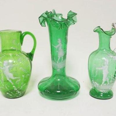 1264	5 PIECES GREEN ENAMELED MARY GREGORY LOT, TALLEST IS APPROXIMATELY 8 IN HIGH
