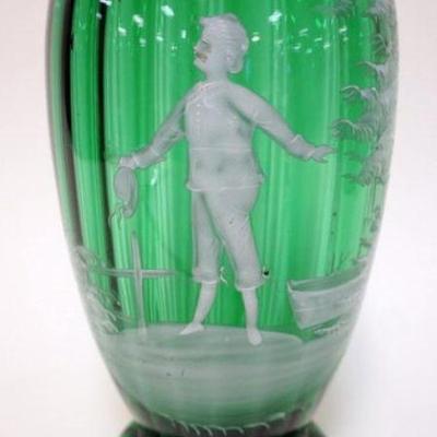1201	ANTIQUE MARY GREGORY GREEN ENAMELED VASE WITH SCENE OF MAN HOLDING HAT, APPROXIMATELY 11 IN HIGH
