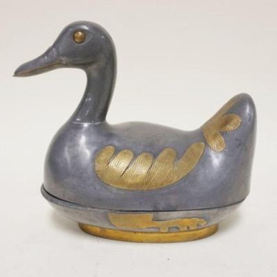 1117	LARGE ASIAN PEWTER COVERED DUCK BOX ON BRASS BASE WITH APPLIED BRASS DECORATIONS
