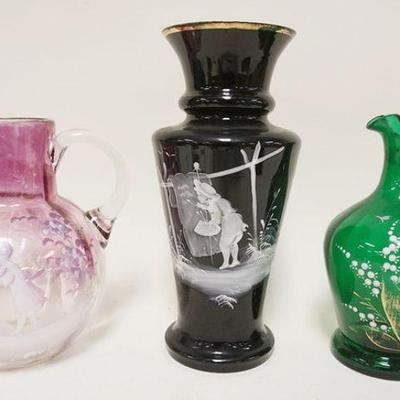 1276	3 PIECE LOT OF MARY GREGORY ENAMELED GLASS PITCHERS & VASE, LARGEST IS APPROXIMATELY 11 IN HIGH
