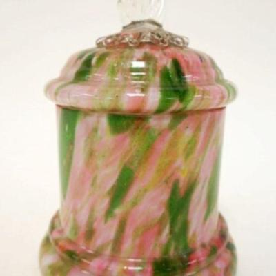 1296	VICTOIRAN SPATTER GLASS COVERED JAR, APPROXIMATELY 8 1/4 IN HIGH

