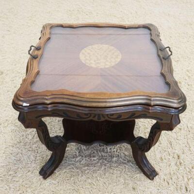 1021	WALNUT OYSTER INLAID TOP GLASS TRAY TABLE, BOOK MATCHED VENEER, APPROXIMATELY 22 IN X 19 IN HIGH
