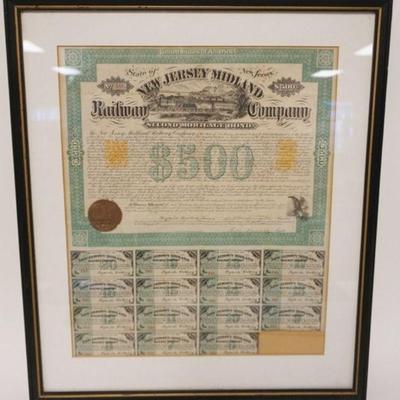 1072	ANTIQUE RAILROAD SECOND MORTGAGE BOND, NEW JERSEY, 1880'S, NEW JERSEY MIDLAND RAILWAY COMPANY MORTGAGE BOND, APPROXIMATELY 21 IN X...
