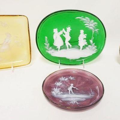 1279	LOT OF 4 ASSORTED MARY GREGORY ENAMEL DECORATED PLATES, LARGEST IS APPROXIMATELY 10 IN X 8 IN
