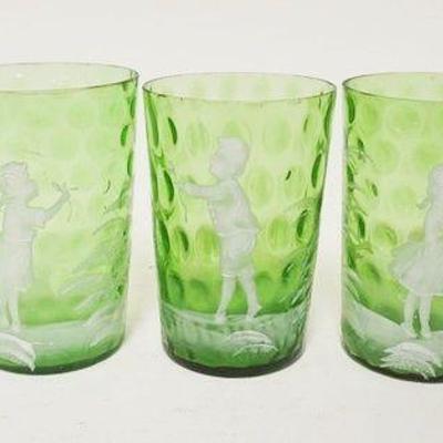1282	GROUP OF 4 GREEN MARY GREGORY ENAMELED GLASS TUMBLERS, APPROXIMATELY 4 IN HIGH
